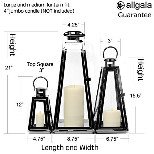 Image of Allgala 3-PC Lantern Set 24 Inch Jumbo Deluxe Modern Indoor /Outdoor Candle Lantern Set Black Stainless Steel Tapered Trapezoid Frame with Tempered Glass for Garden Patio Fireplace Wedding