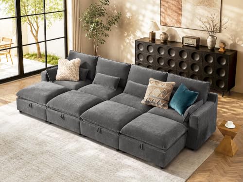 Image of WorthFurni Modern Modular Sectional Sofa,134 inch Sleeper Sofa Bed Sectional Cloud Couch with Storage Ottoman,Comfty Sofa for Living Room,Grey Chenille