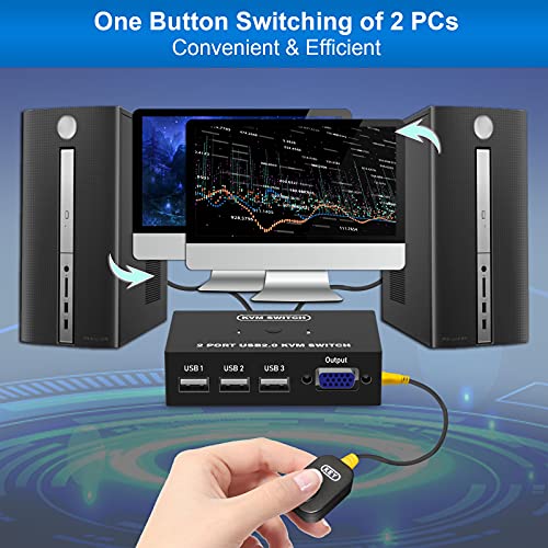 DGODRT VGA KVM Switch, USB y VGA Conmutador para 2 PCs un Monitor de Video de 1 Piezas y 3 Dispositivos USB, para Compartir Ratón, Teclado, Impresoras, Escáner, Incluye 2 Cables KVM