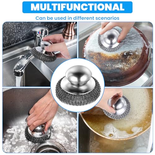 Image of 4 Pcs Steel Wool Scrubber with Handle Heavy Duty Metal Pot Scrubber Brush 16 Pcs Stainless Wool for Cleaning Dishes Pans Steel Scouring Pad for Kitchen Cast Iron Sink Griddles Grills