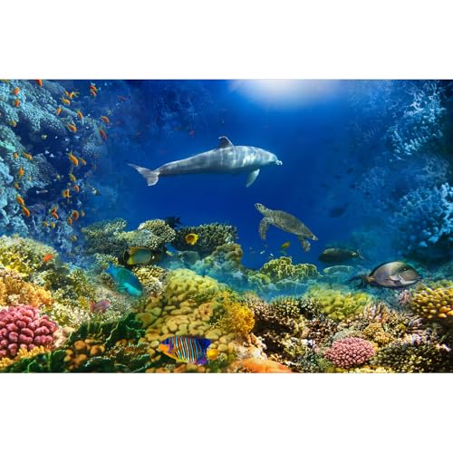 Image of Underwater World Aquarium Background Turtle Shark Tropical Fish Tank Background Under The Sea Colorful Coral Reef Aquarium Backgrounds Deep Blue Sea Sunbeams Tank Backgrounds Poster 72x16in