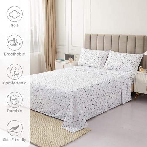 Image of Mooreeke Queen Sheets Set - 4 Pieces Soft Breathable Microfiber Bed Sheet Set - Pink Flower Green Leaf Pattern Sheet Set - Deep Pocket Non-Slip Floral Printed Fitted Sheet Included for All Season