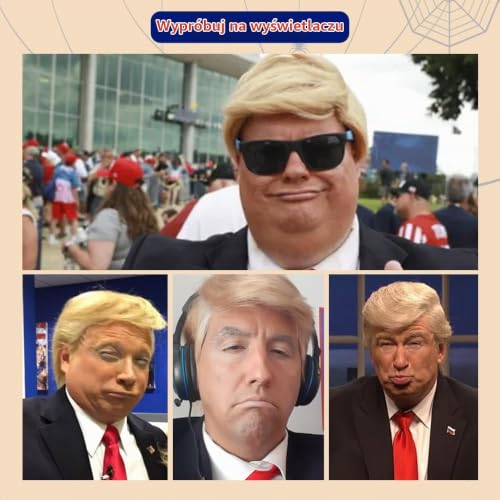 MESINURS Trump peruka kostiumy na Halloween - prezydent Donald zabawna treska z czerwonym krawatem i flagą broszka dla dorosłych, impreza celebrytów blond peruka odzież dla mężczyzn kobiet (WIG +