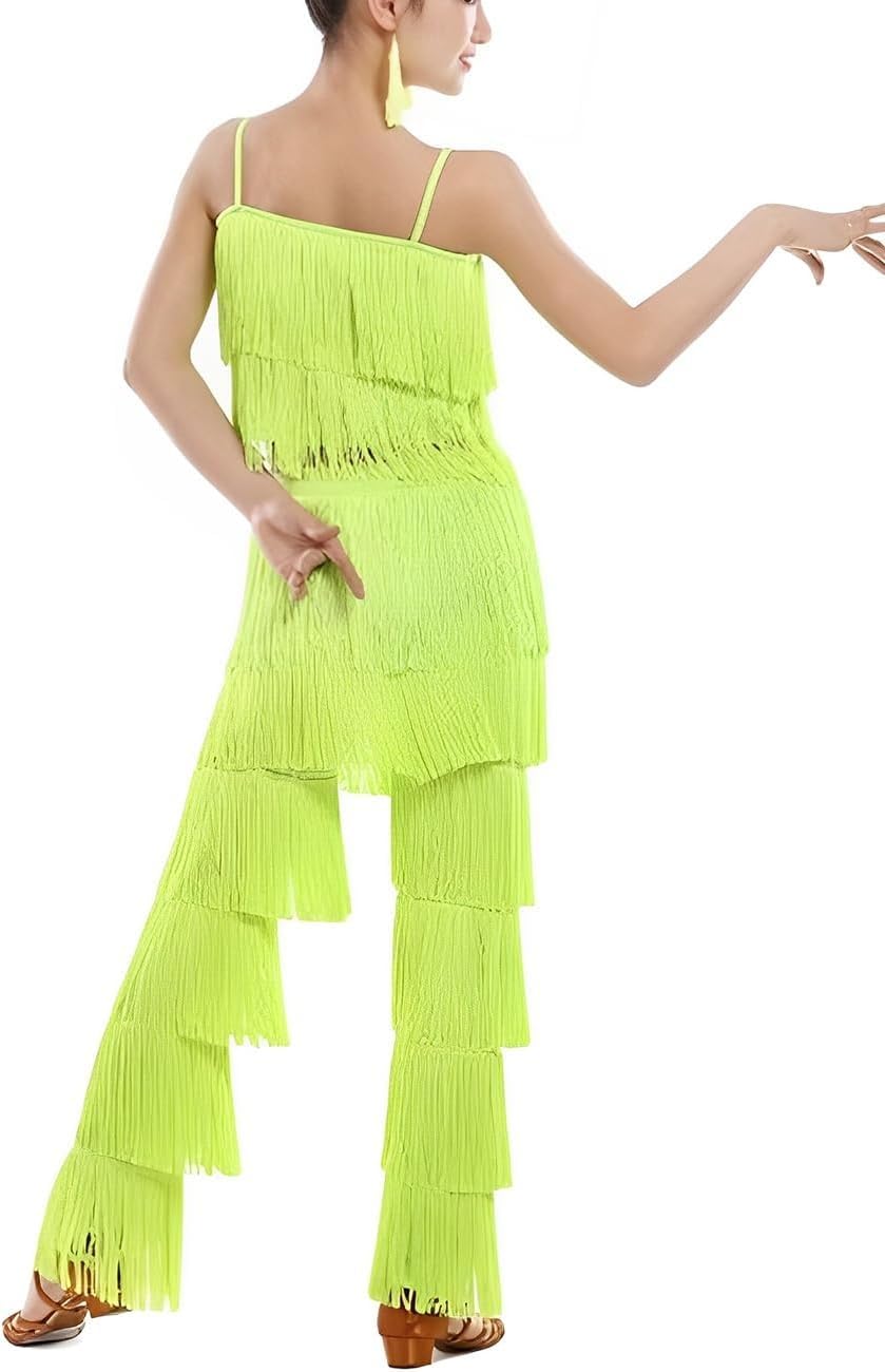 ZBH1985 Set da 2 pezzi con top e pantaloni da ballo latino con nappe, per sala da ballo, rumba, tango, salsa