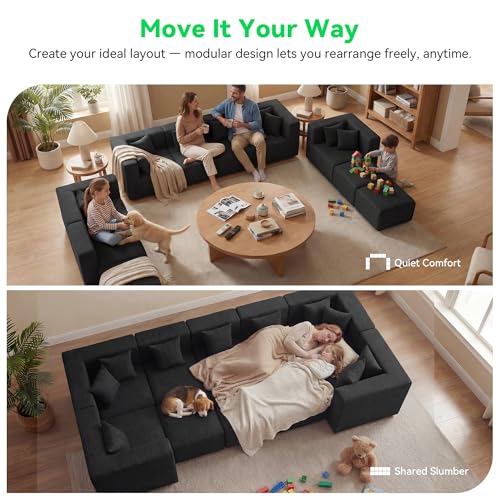 Image of MONVANE Oversized Boneless Sectional Couches for Living Room, 10-Seat Cloud Couch, Modular Sofa with Ottoman & 10 Throw Pillows, Comfy Chenille, No Assembly Required, Black