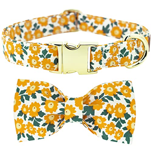 Image of Tunkoo Dog Collar Floral with Elegant Bow Tie Soft Comfy Cotton Adjustable Collar, Premium Metal Buckle for Puppy and Cat Small Medium Large（Yellow flowers，S）