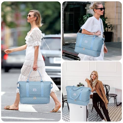 Image of Duffle Bag for Travel, Weekender Bag with Shoe Compartment, Carry On Overnight Bag for Women with Toiletry Bag, Gym Bag with Wet Pocket, Hospital Bags for Labor and Delivery Beige, Blue-Embroidery