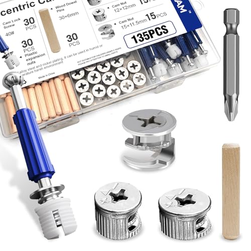 135PCS Cam Locks for Furniture 3-in-1 Furniture Hardware Fasteners Kit with Cam Nuts Bolts & Wood Dowel Pins Eccentric Connectors for Cabinet Wardrobe Drawer Assembly & Repair