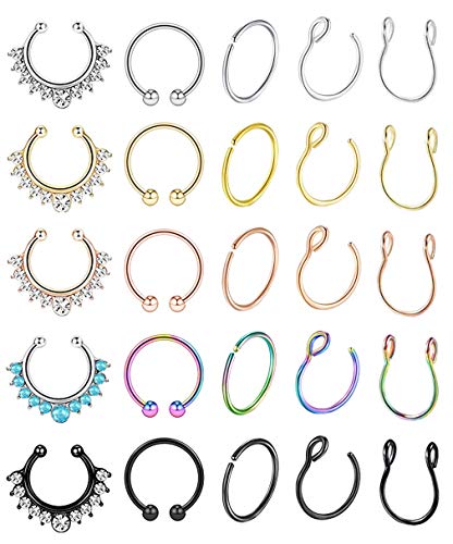 YOVORO 25Pcs Stainless Steel Fake Nose Ring Hoop for Men Women Faux Lip Ear Septum Ring Non-Pierced Body Jewelry ED