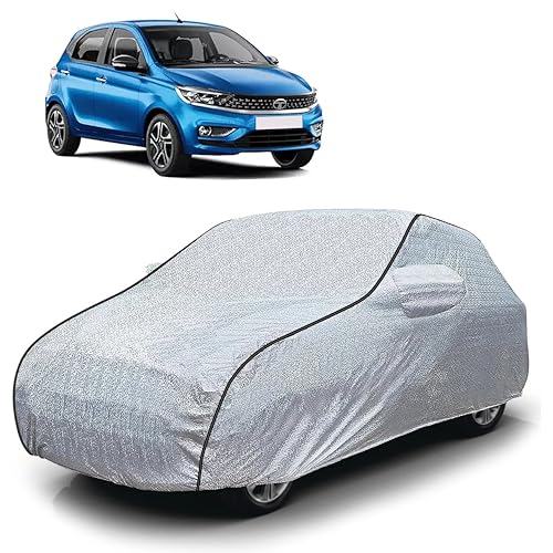 Image of Sulfar 100% Waterproof Car Body Cover Compatible with Mirror for Tata Tiago (Triple Stitched, Full Bottom Elastic, Magic Silver with Black Piping)