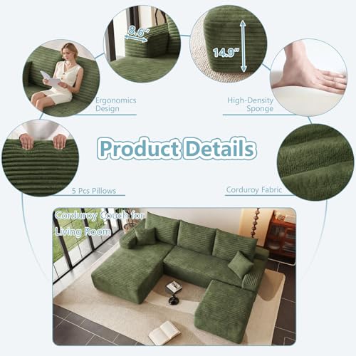 Image of 95 inch Cloud Sectional Couch with Ottoman,Modern U-Shaped Cloud Couch with Deep Seat,Comfy Corduroy Sofa,Memory Foam Sofa for Living Room,No Assembly (Green,Left-Facing Chaise)