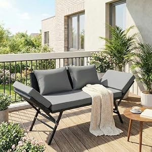 LIFERUN Gartenbank Polyrattan mit Liegefunktion, 2-Sitzer Polyrattan-Möbel, Rattan Gartensofa mit Verstellbare Armlehnen, Gartenbank Wetterfest für Garten, Balkon,Terrasse (Schwarz),2PCS Kissen