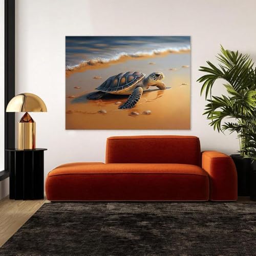 Tortue sur une plage impression sur toile pour déco salle de bain