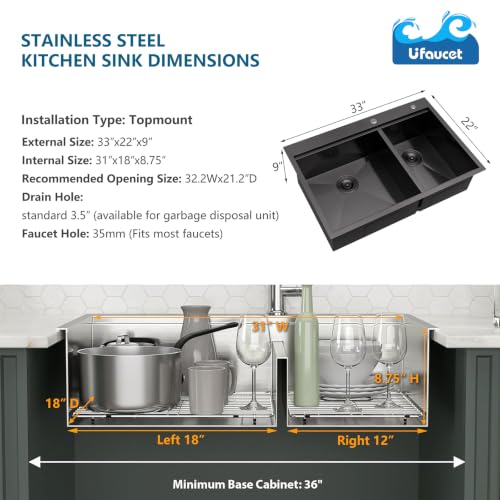 Image of 33 Inch Drop in 60 /40 Double Bowl Kitchen Sink Black, 33x22 Inch Gunmetal Black Drop In Kitchen Sink Ledge Workstation 16 Gauge Stainless Steel Topmount Dual Basin with Cutting Board