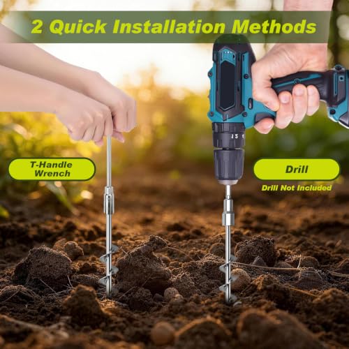 Image of Eurmax USA 4-Pack Screw in Ground Anchors,Detachable Spiral Tent Stakes,Heavy Duty Rust Proof Metal Trampoline Anchors with Drill Bit Adapter&T-Handle Tool for Canopy,Tent,Trampoline,Swing Set(Silver)