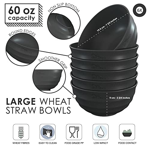 Dinethics 60 Oz 6 Big Bowl Set - Wheat Straw Bowls - Unbreakable Microwave Safe Bowls - Large Cereal Bowl - Salad Bowls Large Serving Bowls For Kitchen -Bowls For Family Movie Night (Black) #TOP1