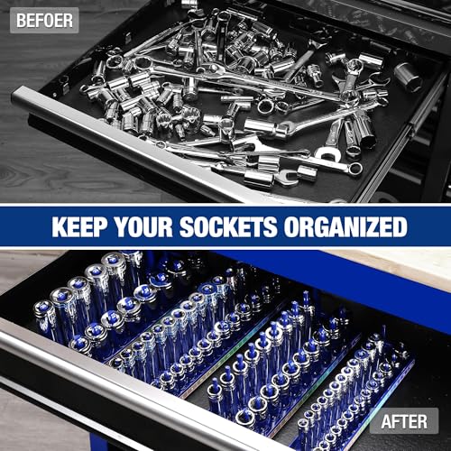 Image of WORKPRO Socket Organizer Set, 4PC Impact Socket Holder, 1 /4 inch, 3 /8 inch, 1 /2 inch Drive Metric Socket Trays, Impact Socket Organizer for Tool Box Drawer, Socket Storage Holds 94 Pieces (Socket not Included) | Fits Impact Sockets, Holds 94 Pieces Sockets, Large Capacity, Clear Size Identification, Socket not Included