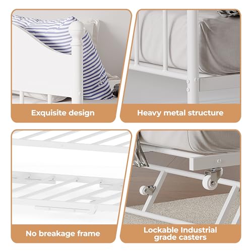 Image of Garvee Twin Daybed with Trundle, Twin Bed Frame with with Stylish Headboard, Heavy Duty Steel Slats Platform for Living Room, Bedroom, White