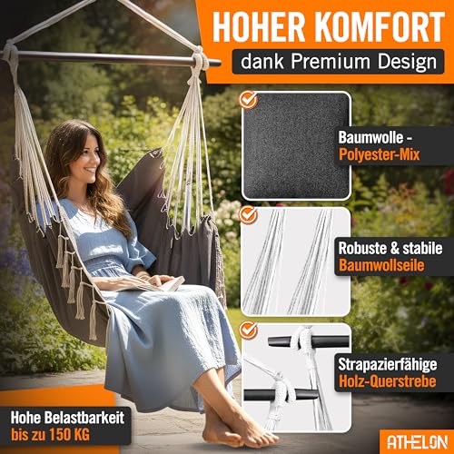 ATHELON® Hängesessel Indoor & Outdoor [bis 150 kg belastbar] - Bequeme Hängeschaukel mit 360°-Aufhängung, Kissen, Getränkehalter & Co. - Hängesitz für Kinder und Erwachsene