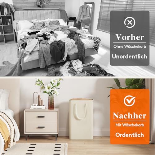 Lifewit 50L Wäschekorb schmal mit Griffen, faltbarer Wäschesammler für kleine Räume, schlanker Wäschebox für Bad, Schlafzimmer, Waschraum & Studentenwohnheim, Weiß