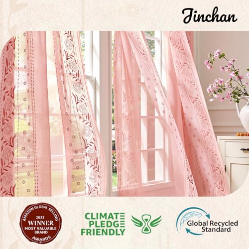 Image of jinchan Pink Sheer Curtains 63 Inch, Embroidered Floral, Light Filtering, 2 Panels for Girls Room & Nursery, Bedroom, Dorm, Living Room