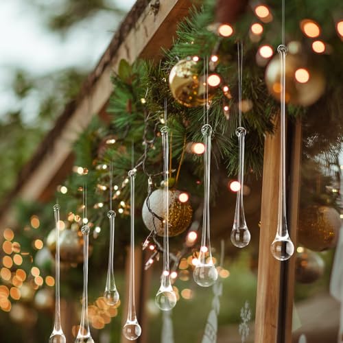 Image of 22 Pcs Clear Glass Teardrop Christmas Ornaments Crystal Raindrop Hanging Ornaments Crystal Chandelier Drop Pendant Icicles Decorations for Christmas in July Tree Party Supplies (4 Large Size)