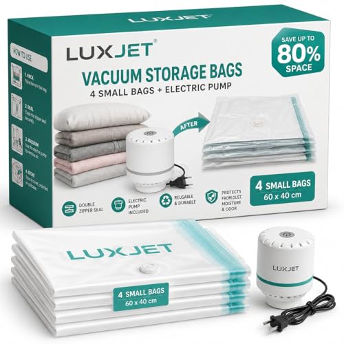 Image of Vacuum Storage Bags with Electric Air Pump, 4 Pack Small Vacuum Seal Bags for Clothing, Space Saver Vacuum Storage Bags for Blanket, Duvets, Pillows, Comforters