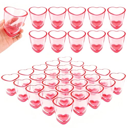 Oaklo 36 Pcs Pink Heart Shot Glasses Set Cute Shot Glasses with Heavy Base Reusable Plastic Beer Mug for Whiskey Tequila Valentine's Day Bachelor Party