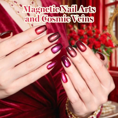 Image of Beetles Red Cat Eye Gel Nail Polish Set - Fatal Rose 6 Colors 15ML Full Size Glitter Red Gel Polish Kit Glass Cat Eye Magnetic Effect Soak Off UV Nail Art DIY Salon at Home Gift for Women