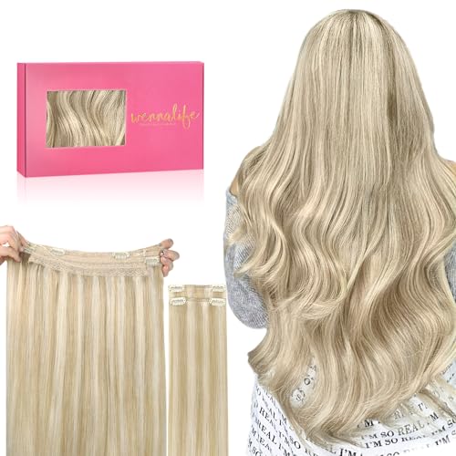 Image of WENNALIFE Wire Hair Extensions Real Human Hair 14 inch 105g Dirty Blonde Highlighted Bleach Blonde Remy Hair Invisible Transparent Wire Straight Reusable Natural Easy to Apply Reusable for Volume