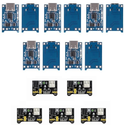 10x TP4056 Type-C 5V 1A Lithium Charger + 5X MB102 3.3V/5V Power Module with Dual Protection, DC/USB Input