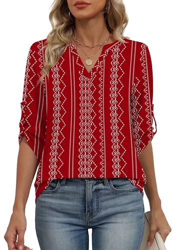 Image of XIEERDUO 3 /4 Length Sleeve Womens Tops V Neck T Shirts Both Side Buttons Blouses Business Casual Outfits Loose Fit