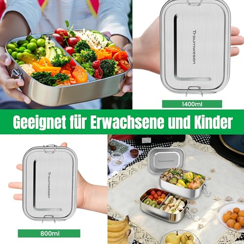 Foto von Traumwesen Stainless Steel Lunch Box (1400 ml) for Children, Includes 2 Compartments and Replacement Seal – Food Storage Container Leak-Proof with Removable Divider – Small Lunch Box, 1400 ml, Silver