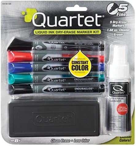 Quartet Dry Erase Markers Accessory Kit, Includes 5 Fine Tip EnduraGlide Dry Erase Pens, Whiteboard Eraser, & White Board Cleaning Spray Bottle, for Teachers, Home School & Office Supplies (5001M-5SK)