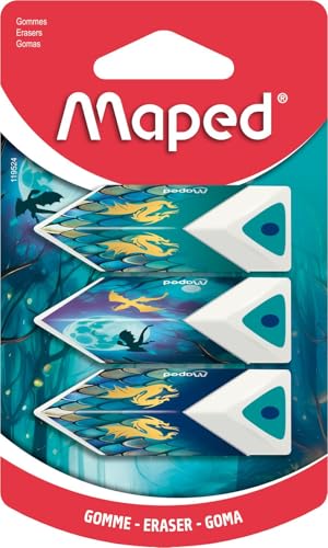 Maped - Lot de 3 Gommes Pyramides - Apporte Précision et Confort - Gomme Blanche - Gamme Dragon - Emballage recyclable