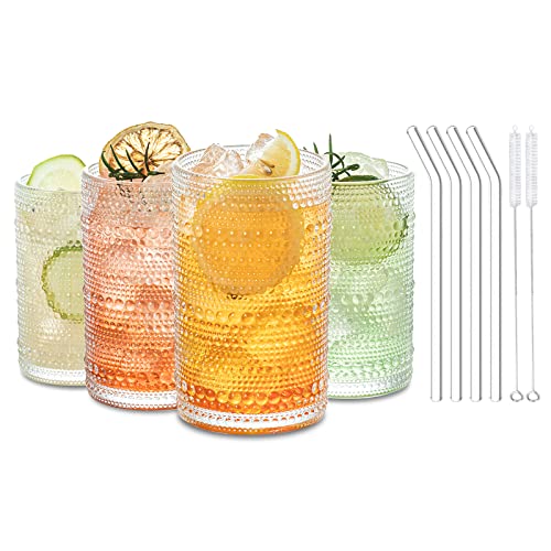 12 Oz Cocktail Glasses Hobnail Drinking Glasses Unique Vintage Bubble Cocktails - Set Of 4 Old Fashioned Embossed Glassware Cups For Beverage, Water, Wine, Beer, Juice, Mixed Drinkware (High Style) #TOP21