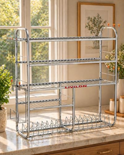 Image of LIVILON Stainless Steel 5-Tier Kitchen Rack with Utensil Holder & Dish Drainer | Multi-Purpose Storage Organizer for Plates, Cups & Cookware