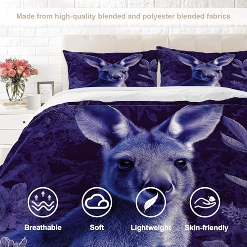 BaoNews Niedliches Känguru-Bettwäsche-Set, King-Size-Größe, 3-teilig, Känguru in lila Pflanzen, 100 % Baumwolle, Hotel-Bettwäsche-Set mit 2 Kissenbezügen (ohne Füllung)