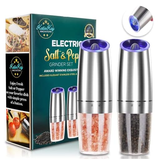 Electric Gravity Pepper Grinder set of 2, Automatic Salt and Pepper Mill Grinder, Adjustable Roughness, Battery Powered, Blue LED Light, Stainless Steel with One Hand Operation (Sliver 2 pack)