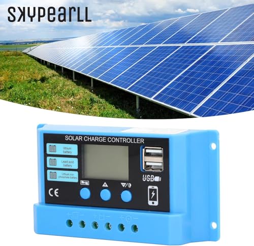 Image of Skypearll Solar Charge Controller 30A, 12V /24V Intelligent Battery Regulator for Lead Acid & Lithium Battery with LCD Display with 3A USB Port (30 AMPERE - Sky Blue)