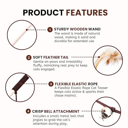 Image of Foodie Puppies 5 Pcs Cat Teaser Stick Toy Gift Combo for Cats & Kittens - (Woolly, Stripe, Rattle, Ball, Mouse Bell) | Interactive Play with Natural Feather Wooden /Plastic Wand Teasing Stick (40cm)