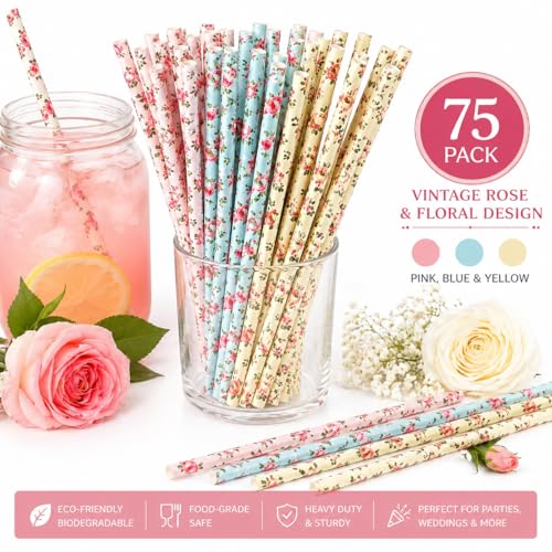 75 pitillos biodegradables de papel con diseño vintage floral miniatura 2