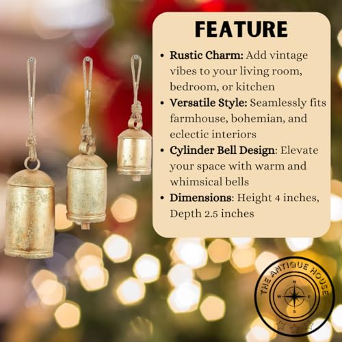 Metal Tibetan Inspired Meditation Decorative Cow Bell with Jute Hanging Rope, Set of 3 10",8",6"H, Christmas Bell - Image 3