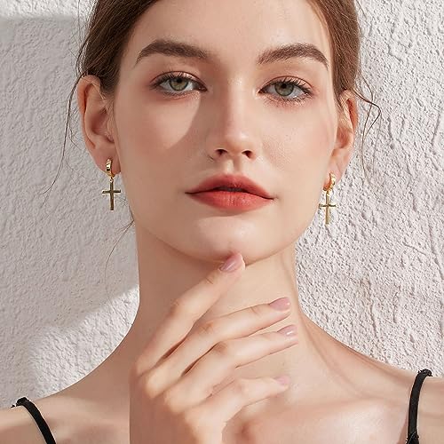 Han han 18K White Gold Plated Cross Earrings for Women, 925 Sterling Silver Cross Dangle Earrings, Simple Cross Hoop Earrings for Men Women, Silver/Rose Gold/Gold Color Cross Jewelry2