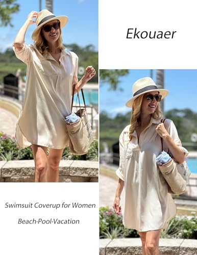 Ekouaer Beach Cover Ups for Women V Neck Bathing Suit Cover Up Bikini Swimsuit Coverup Beach Dress Shirt Beige3