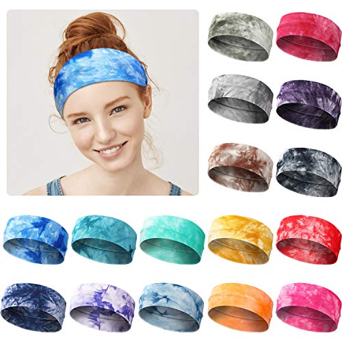 16 Pieces Tie Dye Headbands Stretchy Hairbands Elastic Yoga Sports Headbands for Women Girls Adults, 16 Colors