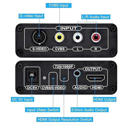 Image of RCA S-Video to HDMI Converter with RCA + S-Video Cables, R C A Composite CVBS AV or Svideo + R /L Audio Input to HDMI Output Upscale Converter