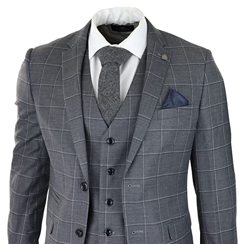 Mens Grey Check 3 Piece Suit Vintage Retro Smart Wedding Classic Tailored Fit Light3