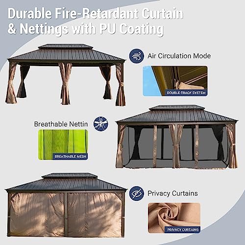 12' x 18' Hardtop Gazebo, Domi Outdoor Aluminum Metal Gazebo with Curtains and Netting, Galvanized Steel Double Canopy for Patios, Deck, Backyard - Image 6
