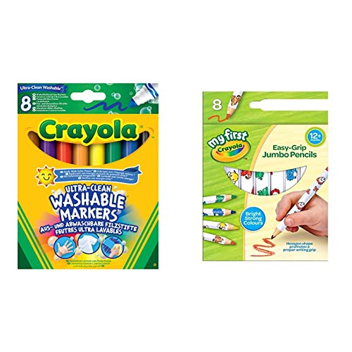 CRAYOLA Ultra-Clean Washable Markers - Assorted Colours | Premium Broadline Markers That Can Easily Wash Off Skin, Clothing & Walls | Ideal for Kids Aged 3+ & MyFirst Jumbo Colouring Pencils